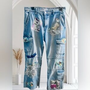 Zara One-of-a-Kind Upcycle Jeans. Bird & Floral Size 6 Blue Cargo Jeans